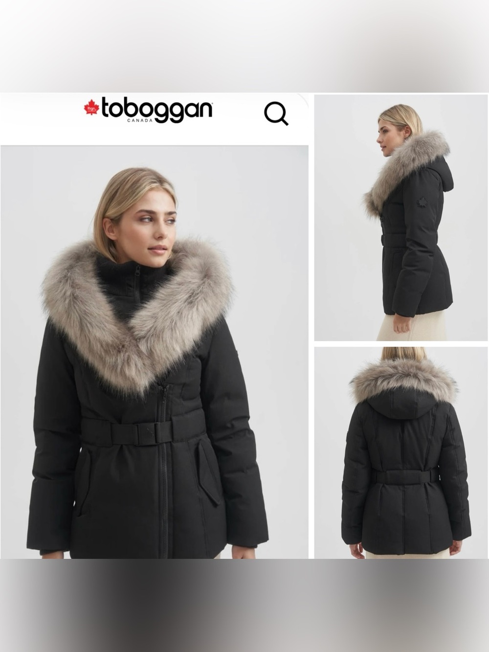 Toboggan Women's Black Belted Puffer Coat with Faux Fur-Trimmed Hood